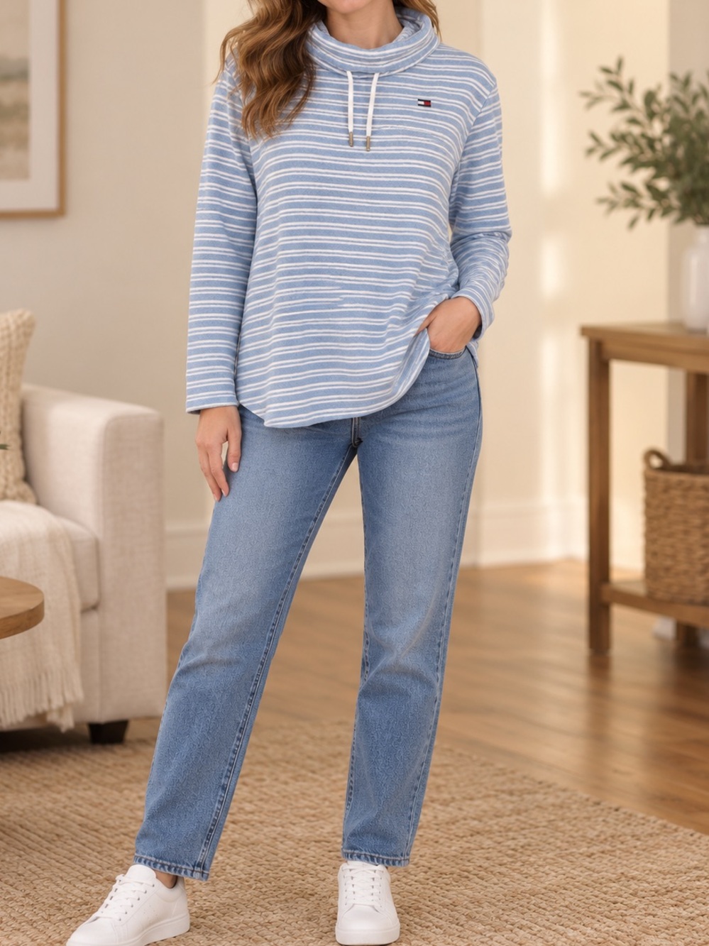 Tommy Hilfiger Women’s Large Striped Funnel Neck Fleece Pullover